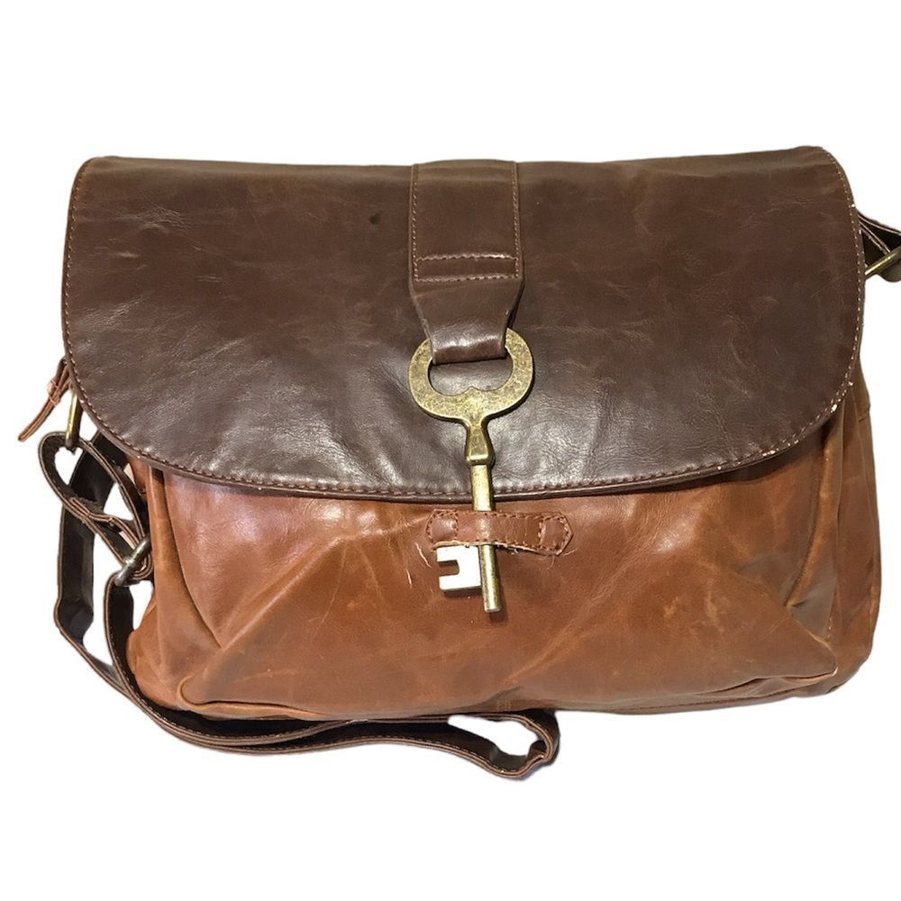 Nila Anthony distressed vegan leather large crossbody with unique key closure